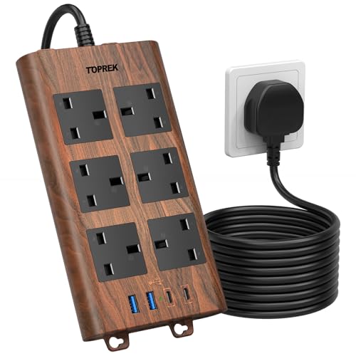TOPREK Wood Grain 6 Way Extension Lead with USB Slots, Surge Protection, 2USB-A & 2USB-C & 1 Switch, 13A/3250W, Brown Extension Cable 2M for Home Office Kitchen