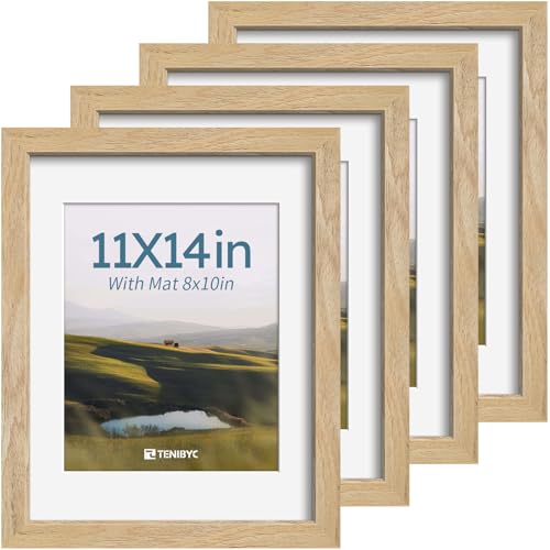 TENIBYC 11x14 Picture Frame 4 Pack, 8x10 Mat, Natural Wood, Glass
