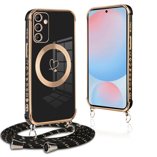 Pnakqil handyband für Samsung Galaxy S25 Hülle mit Band, Kompatibel mit MagSafe, Handyhülle Silikon Magnetisch mit Herz Love Muster Schutzhülle mit um Umhängen Kordel für Samsung S25, Schwarz