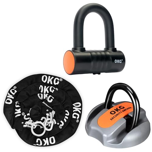 OKG Security Ground Anchor + 10ft Heavy Duty Chain Lock + Small U Lock, Anti-Theft, Cut Resistant, Black