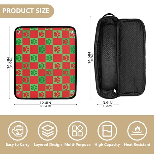 Bolsa de viaje y tapete resistente al calor para planchas y rizadores de cabello, con diseño de cuadros rojos y verdes con huellas de perro miniatura 4