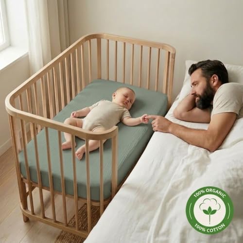 Image of Crib Sheets - Organic Cotton Muslin Fitted Crib Sheet - Standard Size for Baby Boys 28 inch x 52 inch Ultra-Soft and Breathable. (Roman Green)