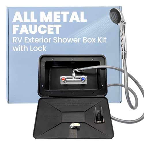 Gloppers RV Exterior Shower Box Kit with Lock All-Metal Outdoor Faucet with 59 Hose 360 Swivel Adapter UV-Resistant & Rust-Free Outside Shower Station for Camper Travel Trailer Motorhome Boat