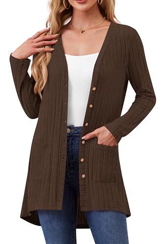 Women Cardigans Open Front Lightweight Button Down Duster Long Cardigan Vertical Stripes Pockets for Casual Fall