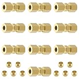 Taiidaues Brass Tube Pipe Compression Fitting, 10 Pcs 1/4' Tube OD x 1/4' Tube OD Ice Maker Water Line Compression Union Connector & 10 PCS Compression Sleeves Ferrules