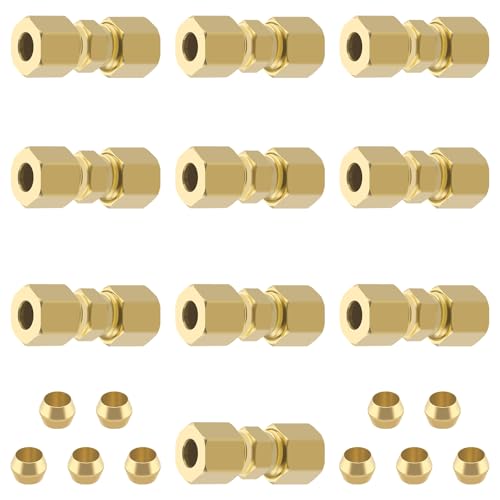 Taiidaues Brass Tube Pipe Compression Fitting, 10 Pcs 1-4 Tube OD x 1-4 Tube OD Ice Maker Water Line Compression Union Connector & 10 PCS Compression Sleeves Ferrules