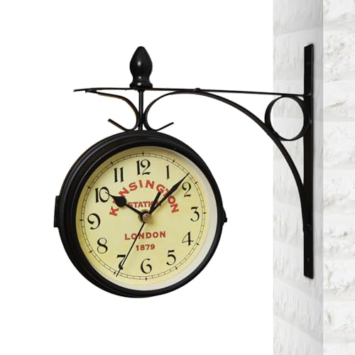Keyubria Horloge Murale Double Face, Horloge Exterieure Etanche avec Support - Horlogen de Gare de Jardin de Style Européen Horlogen Classiques pour Maison,...