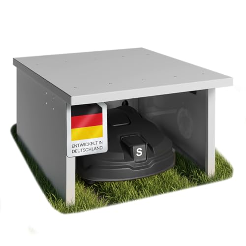 STEELSØN Drakon Mähroboter Garage Silber – Rasenmähroboter Überdachung aus verzinktem Metall – Rasenroboter Haus mit Pultdach – Rasenmäher Garage UV-/wetterbeständig – für gängige Roboter Modelle