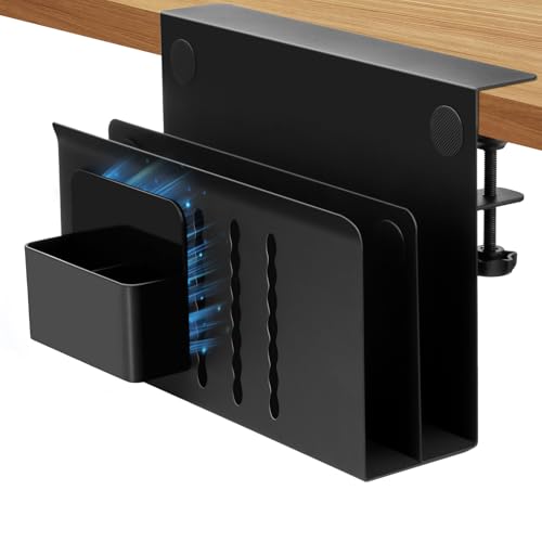 QLoztyse Hängender seitlicher Schreibtisch Organizer - Keine Bohrmontage, Karbonstahl unter dem Schreibtisch, Laptop Halter, 2 stufiges Tisch Aufbewahrungsregal zum Anklemmen für Büro und Zuhause