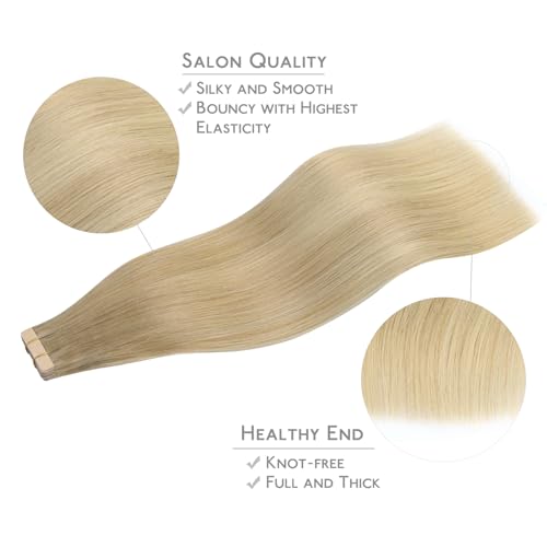 Image of WENNALIFE Tape in Hair Extensions Human Hair, 20pcs 50g 12 inch Balayage Dirty Blonde to White Blonde Remy Hair Extensions for Women Tape Ins Straight Extensiones De Cabello Humano Skin Weft