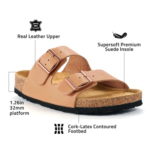 T TICCI Flexible Cork Footbed Sandals for Women - Arch Support Slides with Adjustable Buckle, Genuine Suede & EVA Outsole,4
