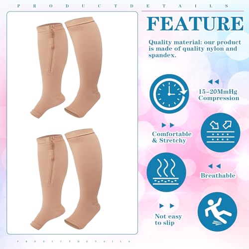 Image of Hillban 2 Pair 15 - 25 Mmhg Wide Plus Size Calf Zipper up Compression Socks for Women Men(3 XL,Nude)