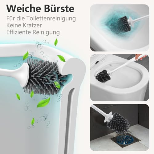 Silikon-Toilettenbürsten-Set für die Badezimmerreinigung, Rutschfester Griff mit weichen TPR-Borsten, wandmontierbar/standfest, Toilettenreinigungsbürste Weiß