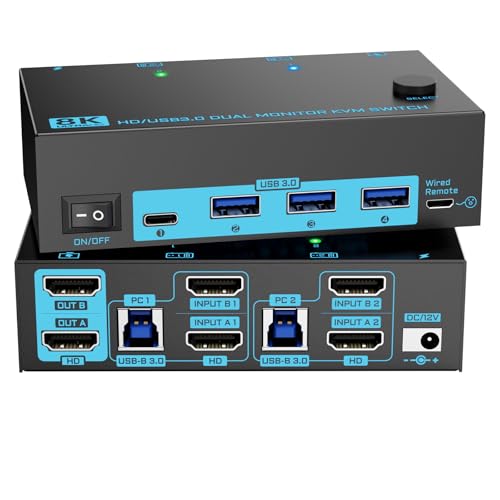 Image of 8K Dual Monitor KVM Switch Dual HDMI 2.1 2 Monitors 2 Computers 2 in 2 Out 4 Port USB 3.0 8K@60Hz /4K@120Hz KVM Switches, Wired Desktop Controller & 2 USB 3.0 Cables Included