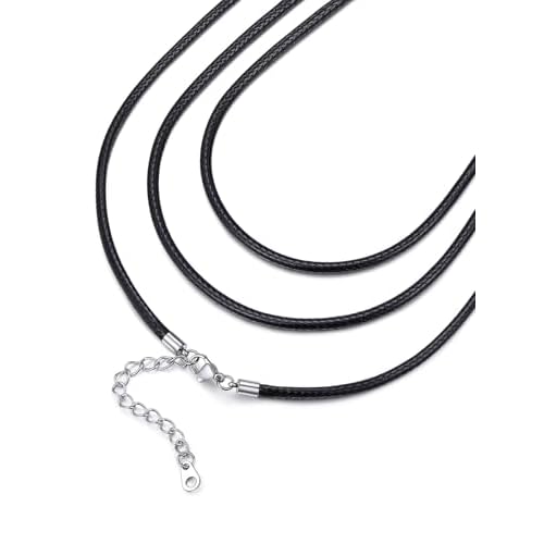 FaithHeart Braided Leather 2MM/3MM Necklace Cord for Men with Stainless Steel Snap Clasp, Waterproof Woven Wax Rope Chain for Pendant with Delicate Gift Box Length 24 Inches 05. Black 3MM Wi