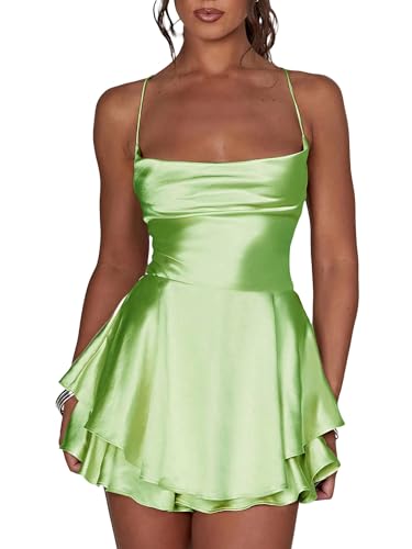Womens Halter Satin Romper Dress Spaghetti Strap Cross Tie Up Cami Tiered Mini Dress Y2k Backless Club Cami Dress (A-Light Green, L)