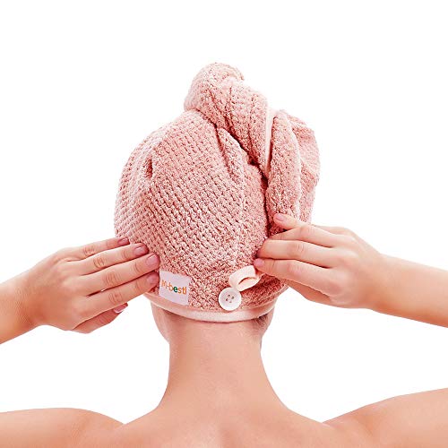 M-bestl 2 Pack Microfiber Hair Towel Wrap,Hair Drying Towel with Button, Hair Towel Turban,Quick Dry,Anti-frizz,Absorbent Head Towel (Pink&Beige)