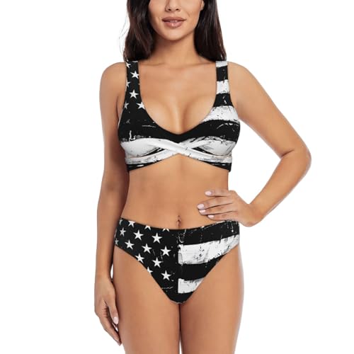 Maillot de bain deux pièces imprimé drapeau rayé noir et blanc pour femme