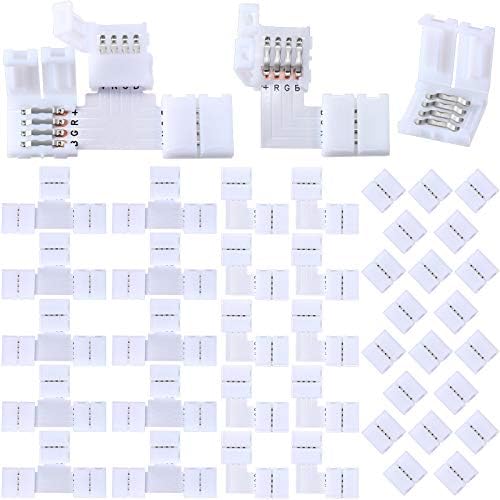Mudder 40 Pieces LED Strip Lights Connectors 4-Pin RGB Strip Lights Connector T-Shape Solderless LED Adapter Light Connectors L-Shape 10 mm Solderless Connector for 5050 RGB Strip Light (White)