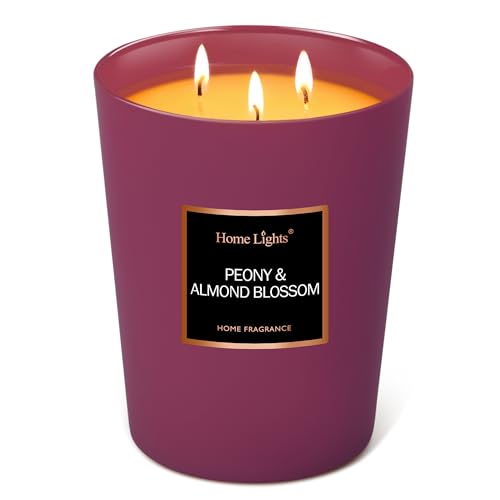 HomeLights Scented Candles, 33.3 oz Large Jar, Natural Soy Candles 3 Cotton Wicks, Smokeless Long Lasting, Aromatherapy Candle Gift for Women & Men, Peony & Almond Blossom