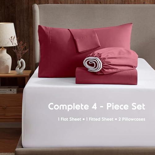 Image of Nestl Full Bed Sheet Set - Burgundy Red - 4-Piece Deep Pocket | Instantly Soft, Night-One Ready (No Wash Required). Fits 16-Inch Deep Pockets, 360-Degree Elastic Grip