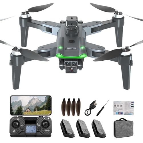 HYTOBP S166 Drone avec caméra 4K professionnel, GPS Drones avec 3 caméras/batteries, quadricoptère FPV RC avec moteur sans balais, retour automatique, retour batterie faible, Follow me, moins de 249 g