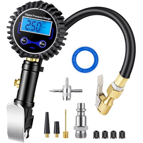 Digital Tire Pressure Gauge with Inflator, 250 PSI Heavy Duty Air Chuck & Compressor Accessories with Quick Connect Coupler and Rubber Hose for Cars, Inflatables blue