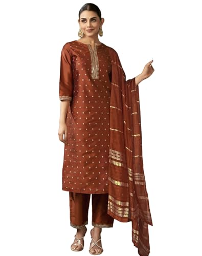 Image of SIRIL Women's Taffeta Jacquard and Embroidery Work Straight Kurta Pant with Dupatta Set