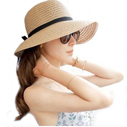 Chapeau de paille grand bord beige pliable pour plage et voyage