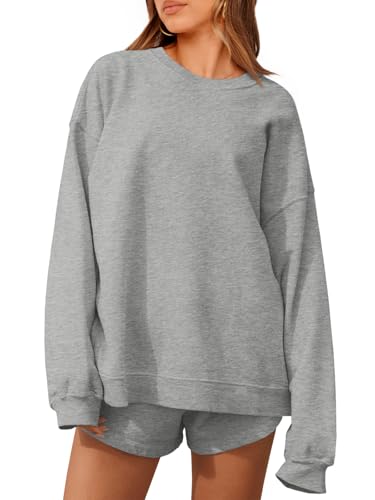 Tankaneo Womens Oversized 2 Piece Outfits Sweatsuit Casual Long Sleeve Crewneck Sweatshirts Sweat Shorts Fall Lounge Sets