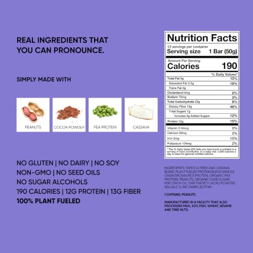 Image of TRUBAR Vegan Protein Bar, Smother Fudger Peanut Butter, Gluten Free, Plant Based Protein, Dairy Free, Non GMO, Soy Free, No Sugar Alcohols, 12G Protein, 13G Fiber, Healthy on the Go Snack Bars, 12 CT