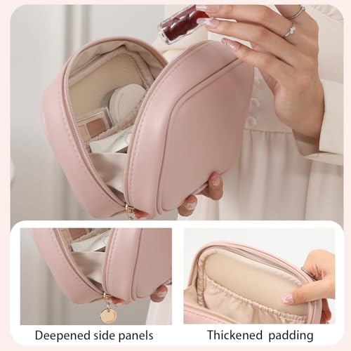RIGHT AWAY Small Makeup Bag for Purse,Cosmetic Bag Organizer for Women,Waterproof PU Leather Make Up Pouch Toiletry Bag with Pockets,Portable Makeup Case for Travel Accessories&Accessories(Pink)