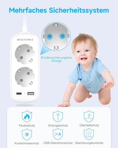Verlängerungskabel 3M, Doppelsteckdose, Steckdosenleiste Klein mit 2 USB (1 USB-C), 2 Fach Steckdose für Hause Büro Küche, Weiß