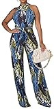 SxClub Floral Jumpsuits for Women Dressy Sexy Elegant Sleeveless Long Straight Pants Rompers Party Club with Belt(Small)