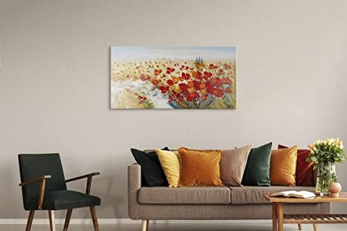 Kunstloft Acrylic painting | 100% HANDPAINTED | 47x24inches | Framed wall art 'Flaming Blooms' | Blossoms | Red Beige | Painting on canvas