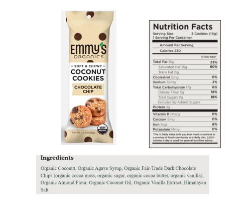 Emmy's Organics Coconut Cookies Variety Pack (Dark Cacao, Chocolate Chip, Vanilla Bean, Peanut Butter), 1.5 Oz (Pack Of 12) #TOP4