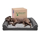 Furhaven Orthopedic Pet Bed for Dogs and Cats - Sofa-Style Faux Fur and Durable Performance Linen Couch Dog Bed with Removable Washable Cover, Charcoal, Large
