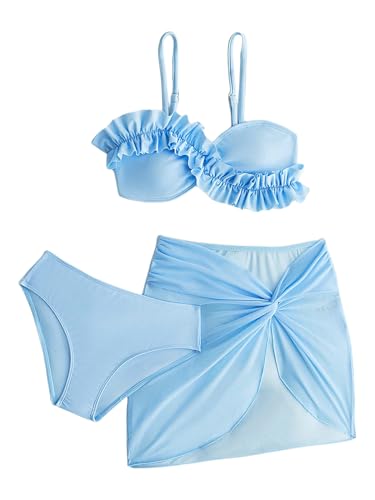 SweatyRocks Girl's 3 Piece Ruffle Swimsuit Spaghetti Strap Bathing Suit with Twist Cover Up Skirt