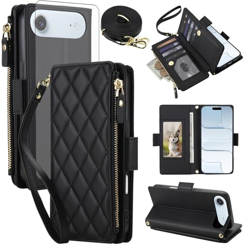 Asuwish Phone Cover for iPhone 17 Air 6.5 inch Wallet Case RFID Blocking Zipper Tempered Glass Screen Protector Crossbody Lanyard Strap PU Leather Card Holder Slot i Phone17 i17 17Air Women Men Black