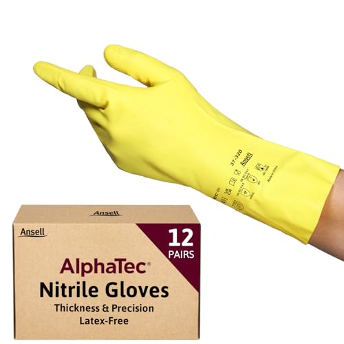 Ansell AlphaTec 37-320 Multipurpose Nitrile Gloves with Long Cuff, Chemical Protection and Food Safety, Reusable Kitchen Gloves, Household Cleaning and Dishwashing, Yellow, Size M (12 Pairs)