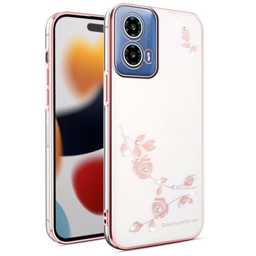BORYA Cover Fiori E Diamanti Per Motorola Moto G34 5G / G45 5G - Custodia Morbida TPU Rosa, Ultra Sottile Con Placcatura Brillante E Antiurto