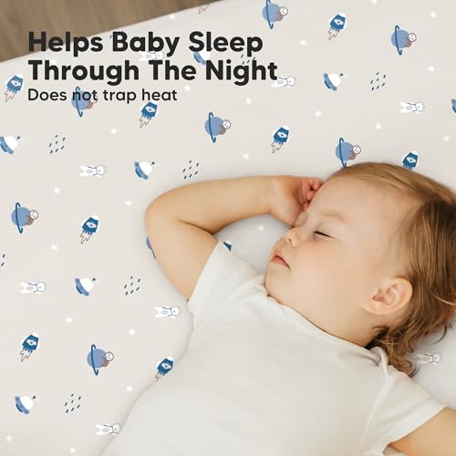 Image of 2-Pack Mini Crib Sheets Fitted, 38x26 Pack N Play Mattress Sheets (Cosmo) | Organic Cotton Sheets for Pack and Play Mattress, Soft, Breathable Playard Bedding Sheet, Mini Toddler Bed Cover, Boys, Girls