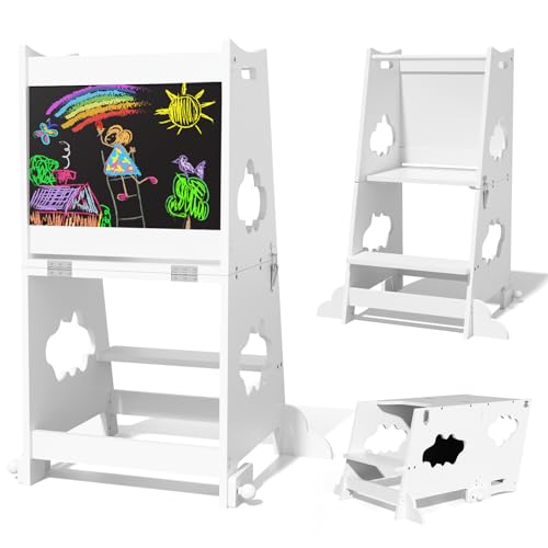 KIDINIX Lernturm ab 1 Jahr, 3 in 1 Montessori Learning Tower mit Sicherheitsgeländer und Tafel, Klappbarer Lernstuhl Kinder mit Tischfunktion für Küche, Bad, Weiß