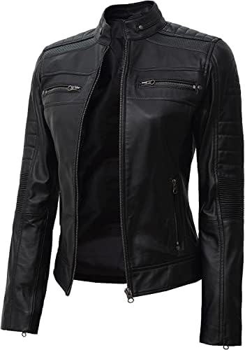 FJackets Real Leather Jacket Women - Cafe Racer Slim Fit Black Stand Collar Jackets | [1313722] Austin Black, S