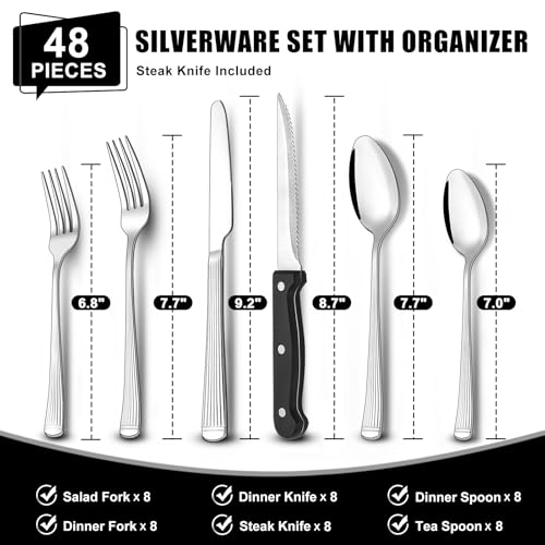 Image of 49-Piece Silverware Set with Organizer, Food-Grade Stainless Steel Flatware for 8, Cutlery Utensil Sets with Steak Knives, Rust-proof, Mirror Polished, Dishwasher Safe, Silver Roman Column