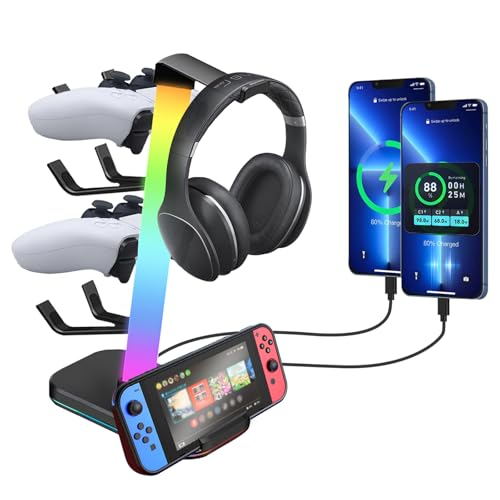 Image of VCOM Headphone Stand with 10 light Modes, Controller and Headset Stand with 1 USB and 2 Type-C Ports, Universal Controller Holder for PS5/Xbox/Headsets, PC Gaming Accessories for Desk