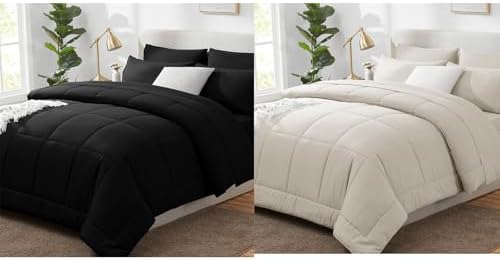 CozyLux King Size Comforter Set - Black and Beige 7 Pieces Bed in...