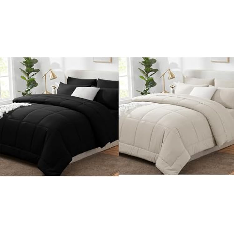 CozyLux Queen Size Comforter Sets Black & Beige 7 Pieces Bed in a Bag Set Beige, Bedding Sets Queen with All Season Quilted Comforter, Flat Sheet, Fitted Sheet, Pillowcases