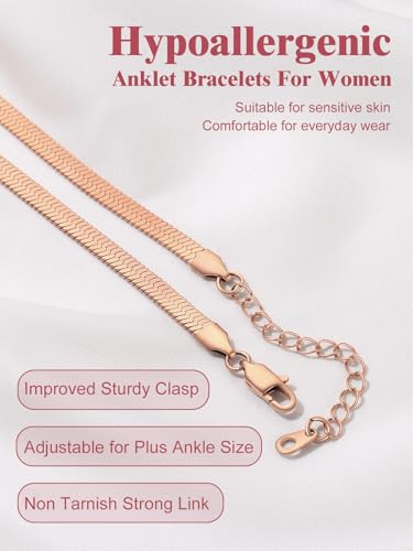 Image of FOCALOOK 14K Gold Plated Anklets for Women Waterproof Plus Size Ankle Bracelet 8.5-10.5 Inch Adjustable Mariner /Figaro /Flat Snake /Cuban Link Chain Anklet Jewelry for Summer Beach Holiday