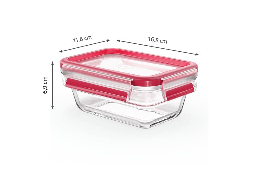 EMSA Clip & Close Glas Frischhaltedose, rechteckig, 0,45 L, 100 Prozent dicht, rutschfestes Stapeln, Glasbehälter spülmaschinen-, gefrier-, backofen-, mikrowellenfest, Rot, Transparent, N10405 Küche, Haushalt & Wohnen